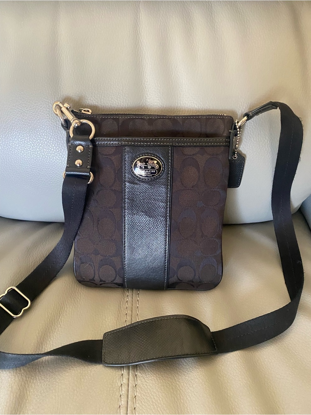 Coach Black Signature Crossbody with Black Leather Trim